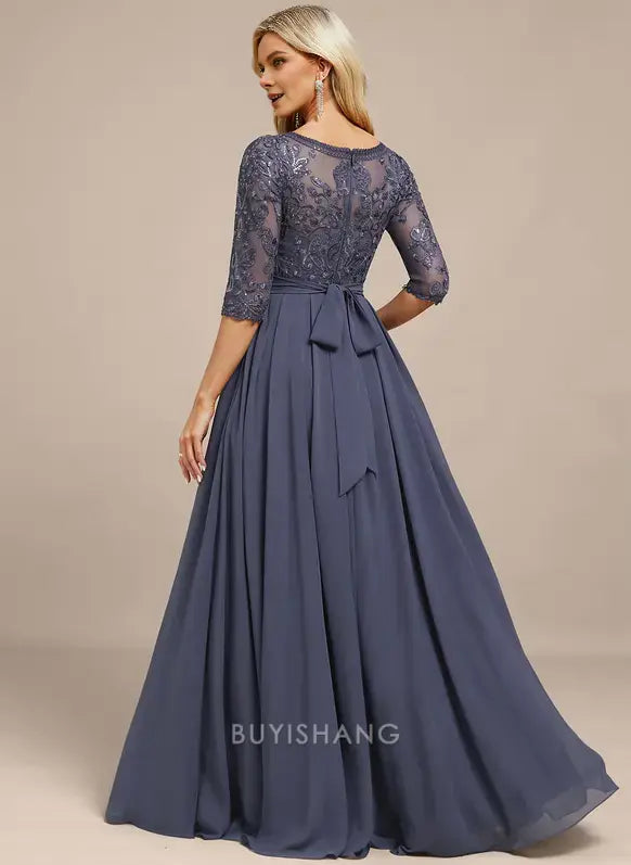 Elegant Round Neck Lace Appliqué Three-Quarter Sleeve Chiffon A-Line Maxi Dress with Bow Detail Mother of the Bride Dress